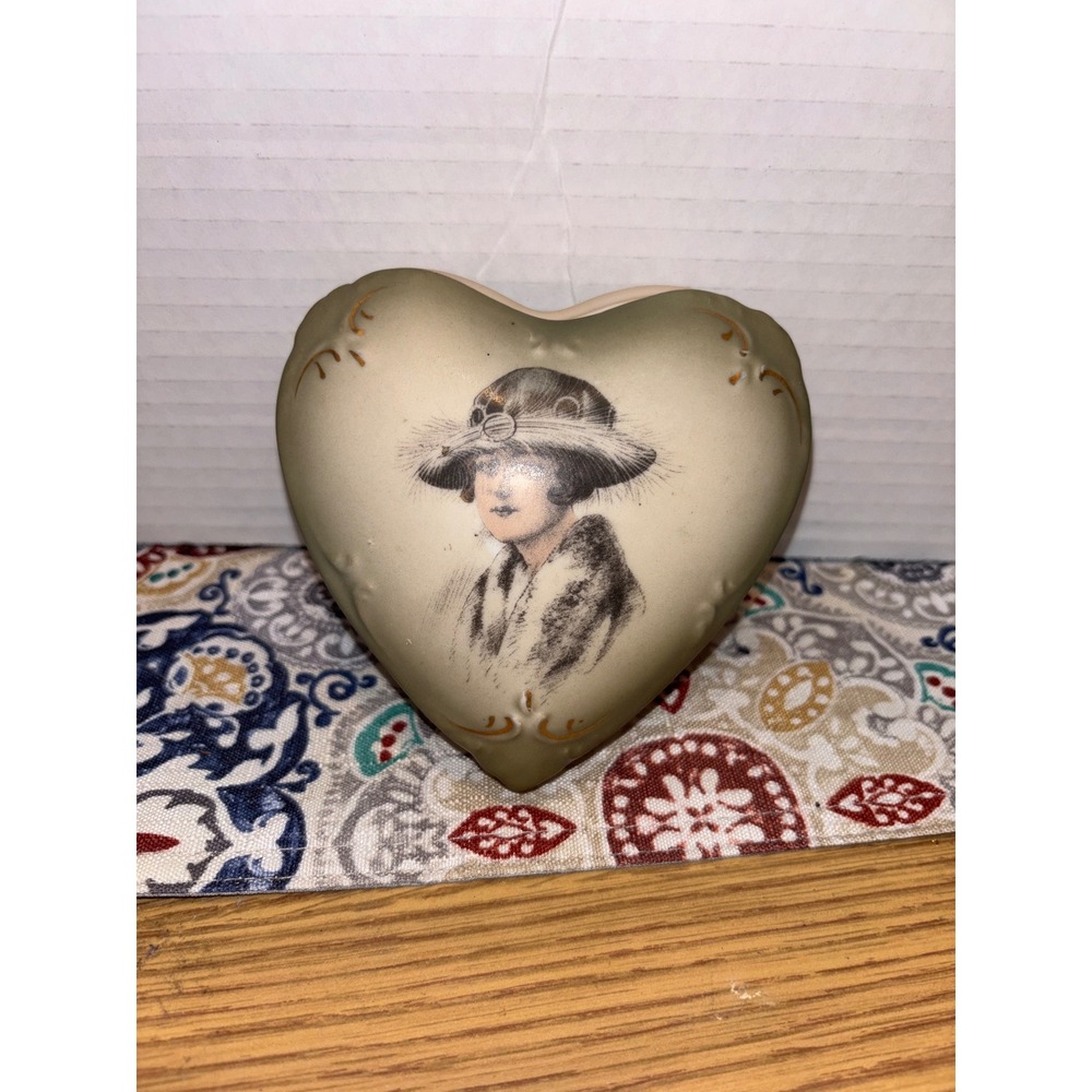 Vintage Heart Porcelain Trinket Box Edwardian Lady Portrait Sage Green Gold